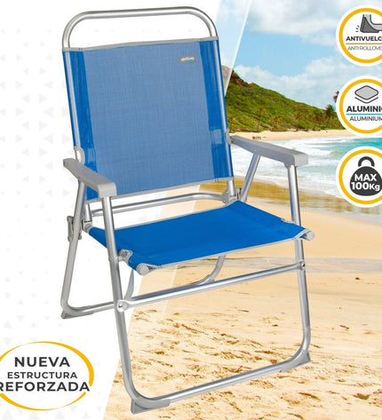 Four blue Aktive Gomera folding beach chairs with aluminum frames, measuring 48x88x50 cm, suitable for outdoor activities and camping.