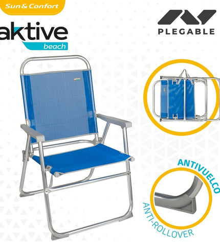 Set of four Aktive Gomera blue folding beach chairs with aluminum frames, lightweight and portable for outdoor camping and leisure.