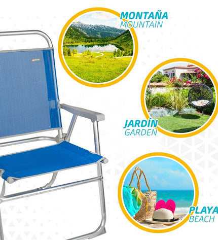 Set of four Aktive Gomera blue folding outdoor lounge chairs made of aluminum, measuring 48x88x50 cm for camping and outdoor relaxation.