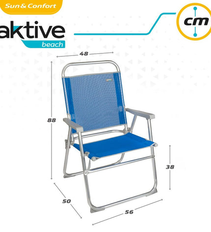 Set of four blue Aktive Gomera folding beach chairs with aluminium frames, 48x88x50 cm, lightweight and portable for outdoor use.