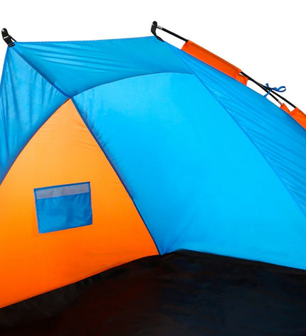 Set of four Aktive blue and orange wind screens, 200x120x125 cm, designed for outdoor camping and hiking activities.