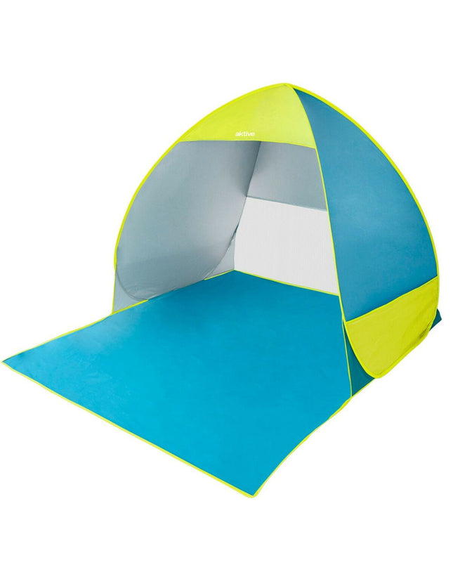 Six Aktive blue and green windshields for outdoor camping and hiking, measuring 160 x 110 x 140 cm, shown assembled outdoors.