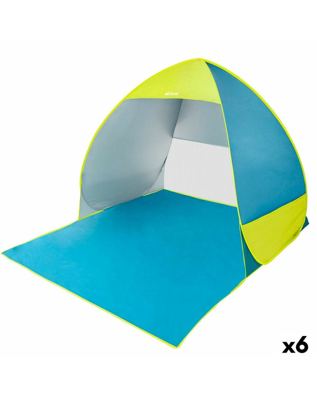 Set of six blue and green windshields by Aktive, lightweight outdoor windbreaks for camping and hiking, 160 x 110 x 140 cm.