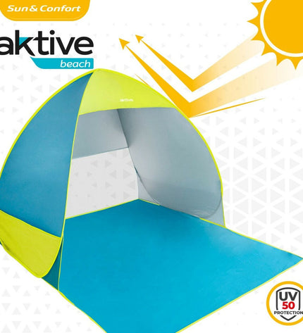 Six Aktive windshields in blue and green, 160x110x140 cm, designed for outdoor camping and hiking activities.