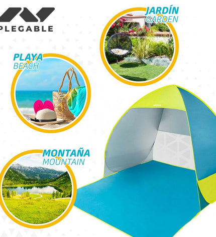 Six Aktive blue and green windshields for outdoor camping and hiking, measuring 160x110x140 cm, shown assembled in a natural setting.