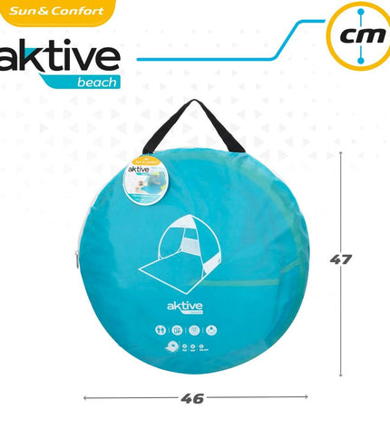 Six blue and green Aktive windshields for camping and outdoor activities, measuring 160 x 110 x 140 cm, shown in a set.