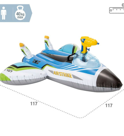 Six Intex inflatable airplane mattresses, 117x117 cm, designed for water fun and outdoor play, featuring attached water pistols.