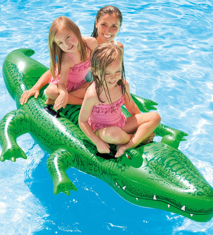 Six Intex crocodile-shaped pool inflatables, 203 x 30 x 114 cm, designed for swimming pools and outdoor water play.