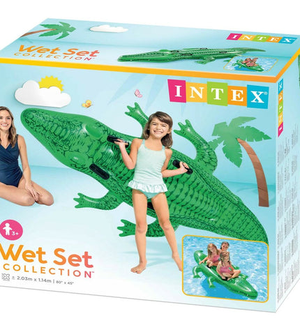 Set of six Intex crocodile inflatable pool toys, 203 x 30 x 114 cm, suitable for swimming and outdoor play.