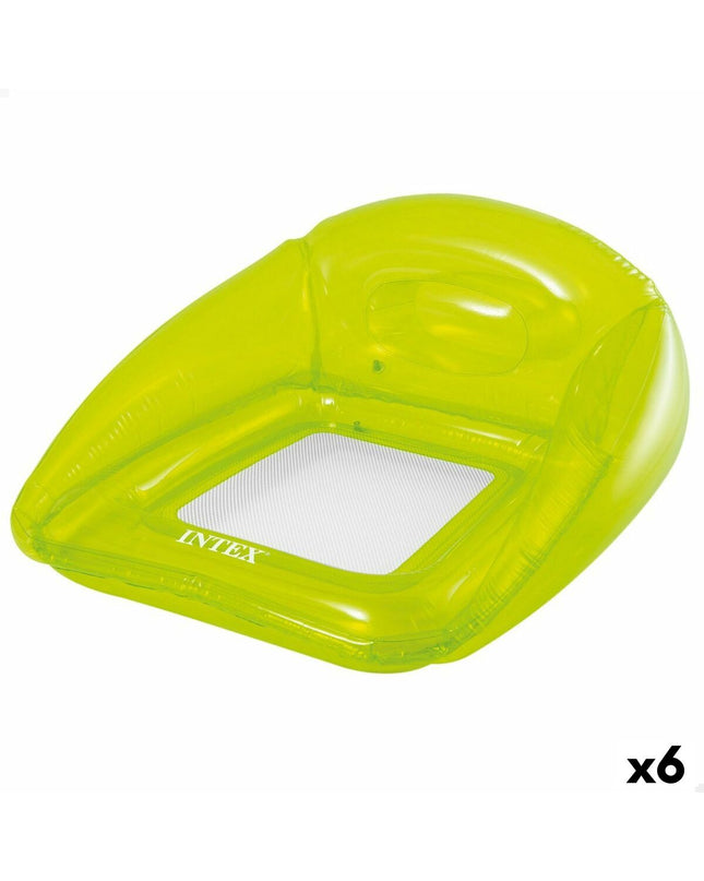 Six Intex Lounge inflatable mattresses, colorful pool float toys for outdoor fun and relaxation.