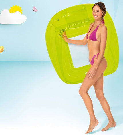 Six Intex Lounge inflatable mattresses displayed outdoors, colorful and suitable for pool or leisure use.