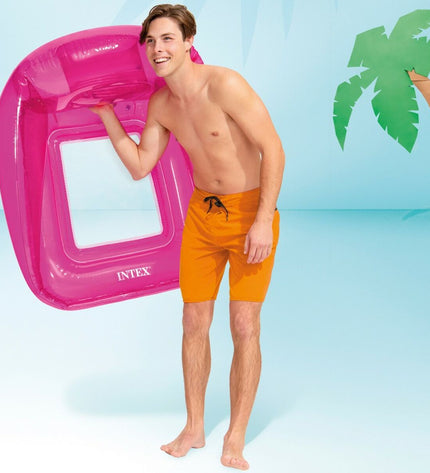Six Intex Lounge inflatable mattresses, colorful and deflated, designed for outdoor relaxation and poolside fun.