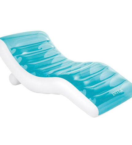Set of four blue Intex inflatable lounge chairs measuring 191x67x89 cm, suitable for outdoor relaxation and play.