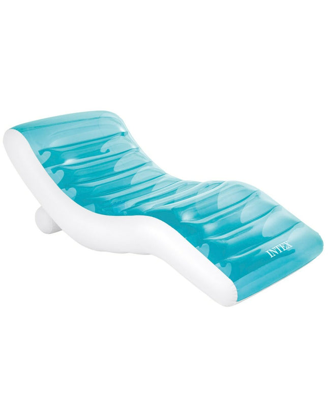 Set of four blue Intex inflatable lounge chairs measuring 191x67x89 cm, suitable for outdoor relaxation and play.