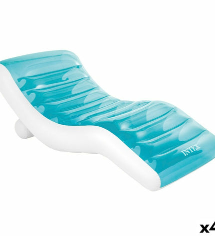 Four blue inflatable lounge chairs by Intex, 191 x 67 x 89 cm, suitable for outdoor recreation and relaxation.