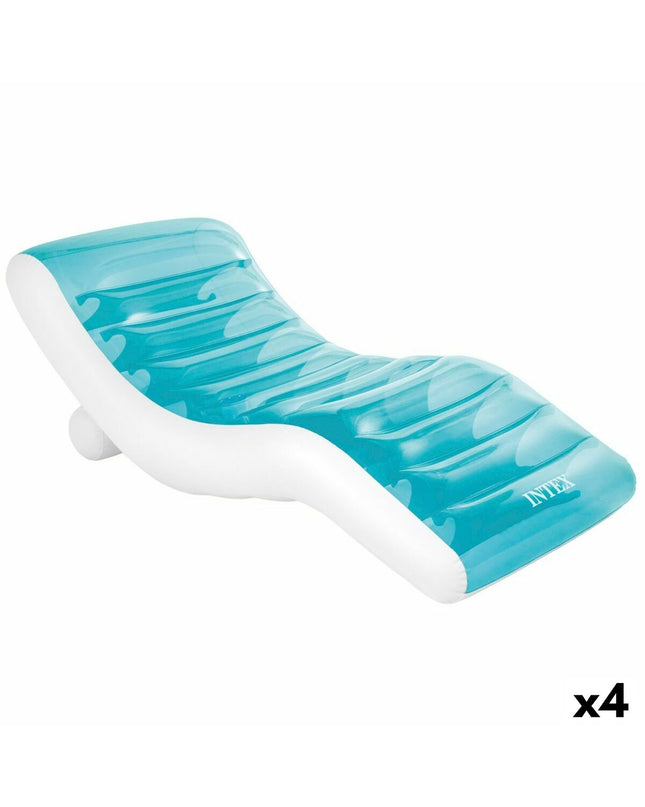 Four blue inflatable lounge chairs by Intex, 191 x 67 x 89 cm, suitable for outdoor recreation and relaxation.