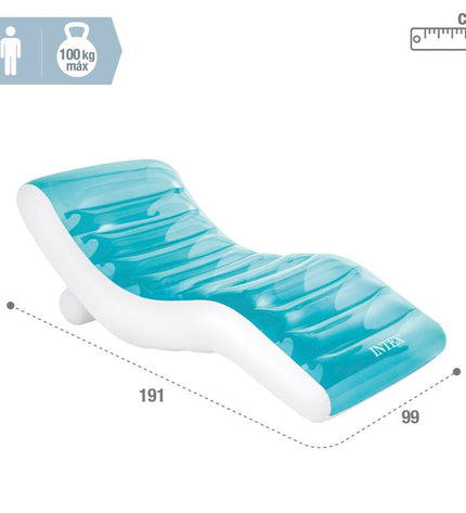 Four blue Intex inflatable lounge chairs, measuring 191 x 67 x 89 cm, suitable for outdoor use and water recreation.