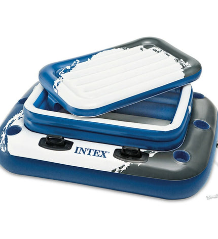 Three Intex Mega Chill II inflatable floating coolers, blue and white, with handles, designed for outdoor water play and relaxation.