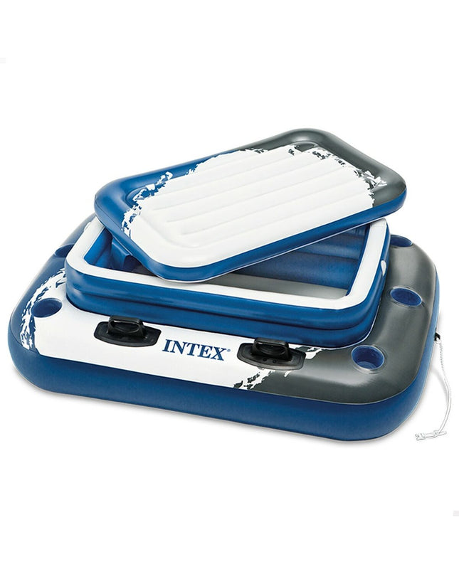 Three Intex Mega Chill II inflatable floating coolers, blue and white, with handles, designed for outdoor water play and relaxation.