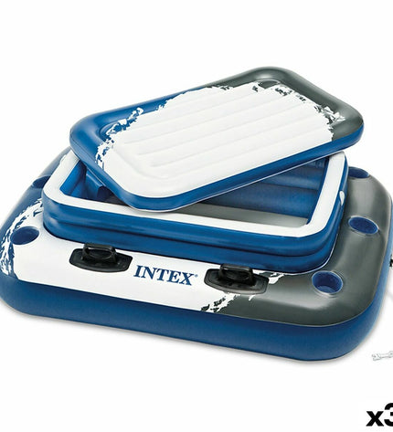 Set of three Intex Mega Chill II floating inflatable coolers, blue, 122x97x122 cm, used as outdoor pool accessories.