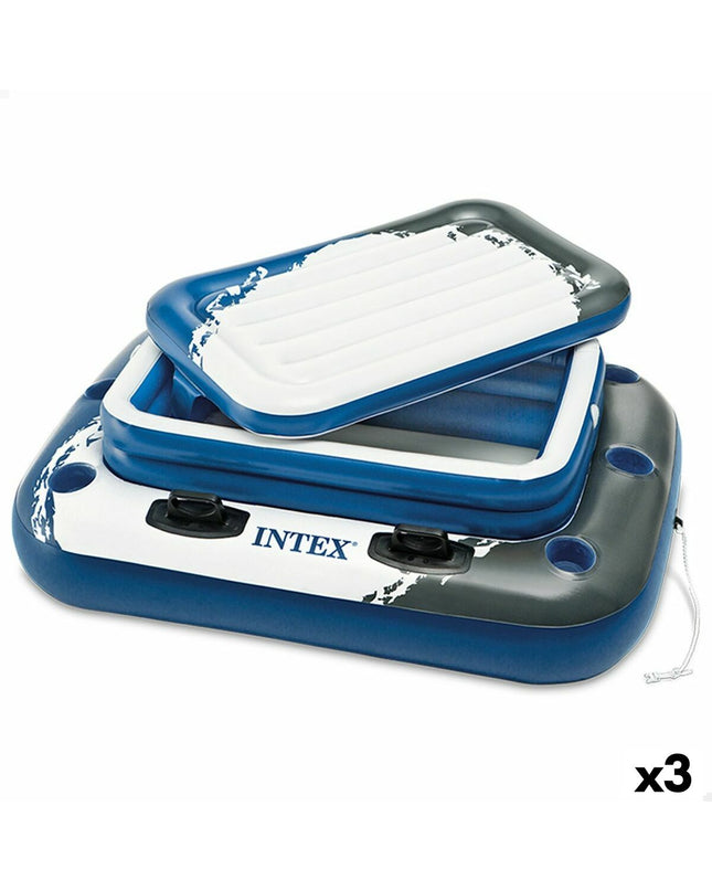 Set of three Intex Mega Chill II floating inflatable coolers, blue, 122x97x122 cm, used as outdoor pool accessories.