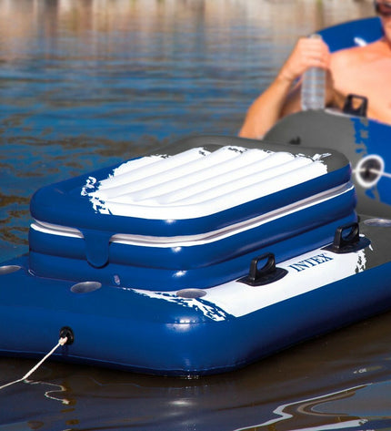 Three Intex Mega Chill II floating inflatable coolers, blue, large size, designed for outdoor pool fun and relaxation.