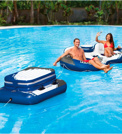 Three Intex Mega Chill II floating inflatable coolers, blue and white, measuring 122 x 97 x 122 cm, for outdoor fun.