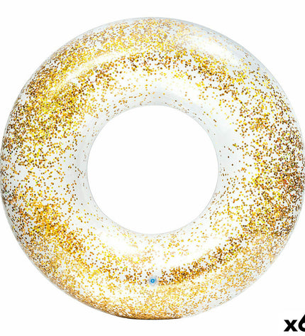 Six transparent purple inflatable floating donuts by Intex, 119 cm diameter, designed for pool fun and outdoor play.