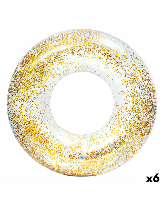 Six transparent purple inflatable floating donuts by Intex, 119 cm diameter, designed for pool fun and outdoor play.