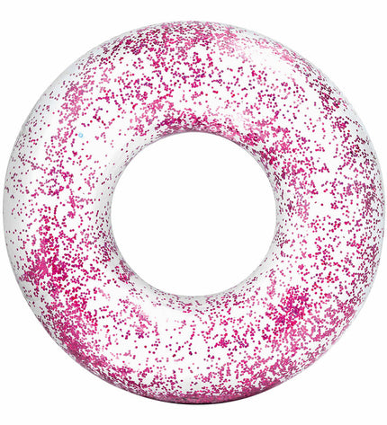 Six transparent purple inflatable donut pool floats by Intex, each 119 cm in diameter, suitable for outdoor water fun.