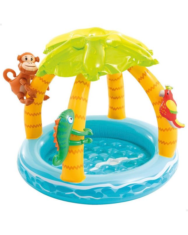 Set of 6 Intex inflatable children's pool animals island with colorful animal shapes, measuring 102x89x102 cm, for outdoor play.