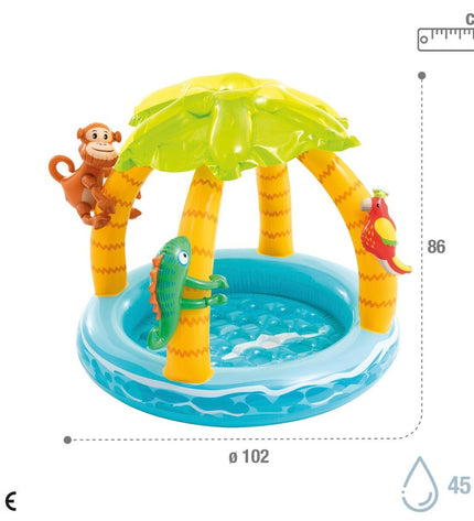 Set of six Intex inflatable children's pools with animal island design, measuring 102 x 89 x 102 cm, for outdoor fun.