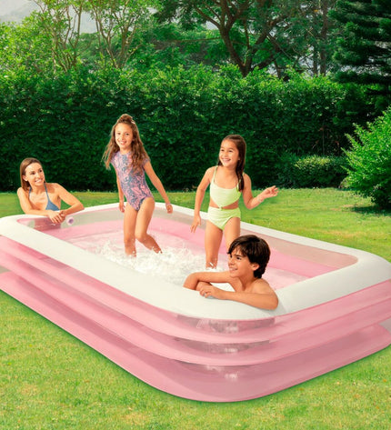 Two pink Intex inflatable children's pools with 1050L capacity, measuring 305 x 56 x 183 cm, suitable for outdoor play.