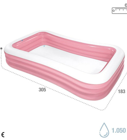 Two pink Intex inflatable children's pools, 305x56x183 cm, suitable for outdoor play and sports, shown deflated and ready for use.