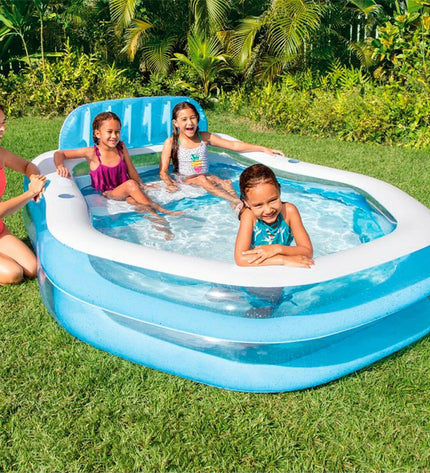 Pair of blue Intex inflatable backyard pools, 530L capacity, measuring 229x135x191 cm, suitable for garden use.