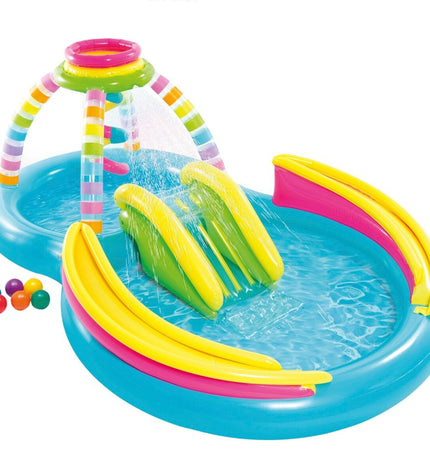 Two Intex inflatable children's rainbow pools, 374L capacity, measuring 295x109x191cm, suitable for garden fun.