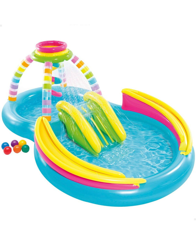Two Intex inflatable children's rainbow pools, 374L capacity, measuring 295x109x191cm, suitable for garden fun.