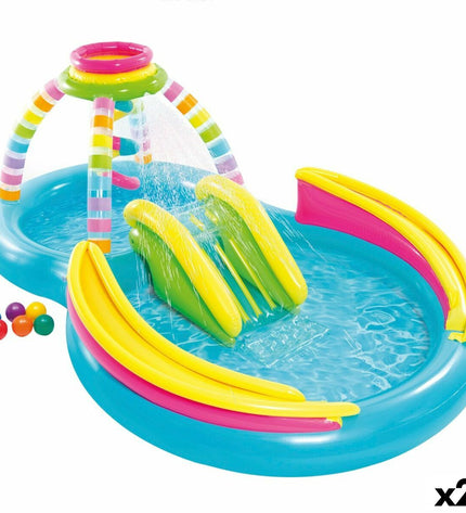 Two Intex inflatable children's rainbow pools, 374L capacity, measuring 295x109x191 cm, suitable for garden play and cooling off.