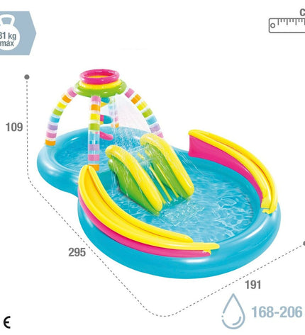 Intex inflatable children's rainbow pool with colorful design, large size, and two pools set up in a garden outdoor setting