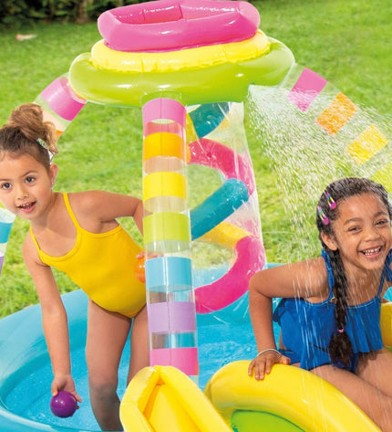 Two Intex inflatable children's rainbow pools with 374L capacity, measuring 295 x 109 x 191 cm, suitable for garden use.