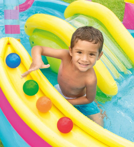 Two Intex inflatable children's rainbow pools with colorful designs, each measuring 295 x 109 x 191 cm, suitable for garden use.