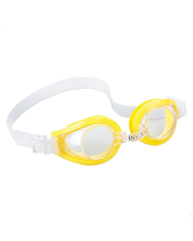 Set of 12 Intex kids' swimming goggles for water sports and outdoor activities, featuring bright colors and adjustable straps.