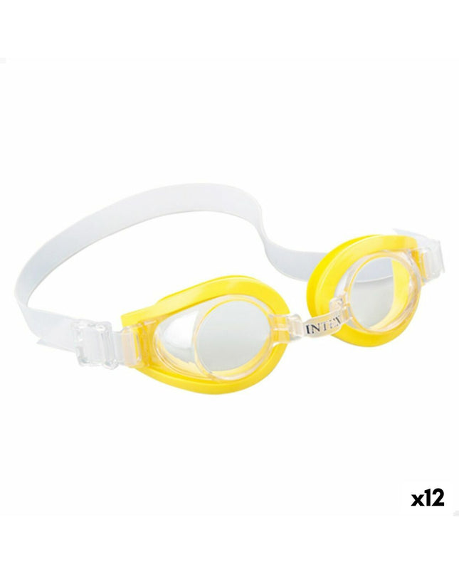 Set of 12 Intex children's swimming goggles for water sports, colorful, adjustable, suitable for kids' outdoor swimming activities.
