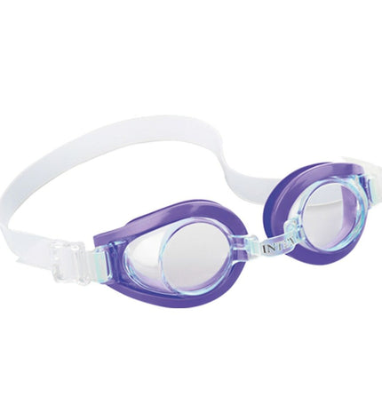 Set of 12 Intex children's swimming goggles for water sports and outdoor activities, featuring colorful, adjustable straps.
