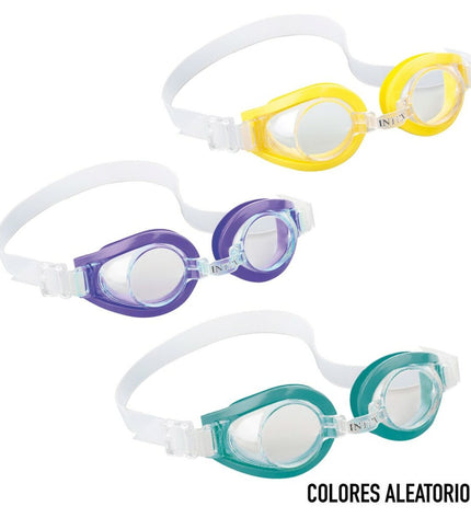 Set of 12 Intex children's swimming goggles for water sports and outdoor activities, featuring colorful, adjustable straps.
