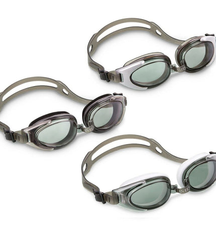 Set of 12 Intex children's swimming goggles for kids, designed for water sports and outdoor swimming activities.