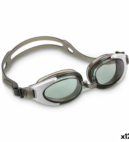 Set of 12 Intex children's swim goggles for watersports and outdoor activities, featuring colorful, adjustable straps.