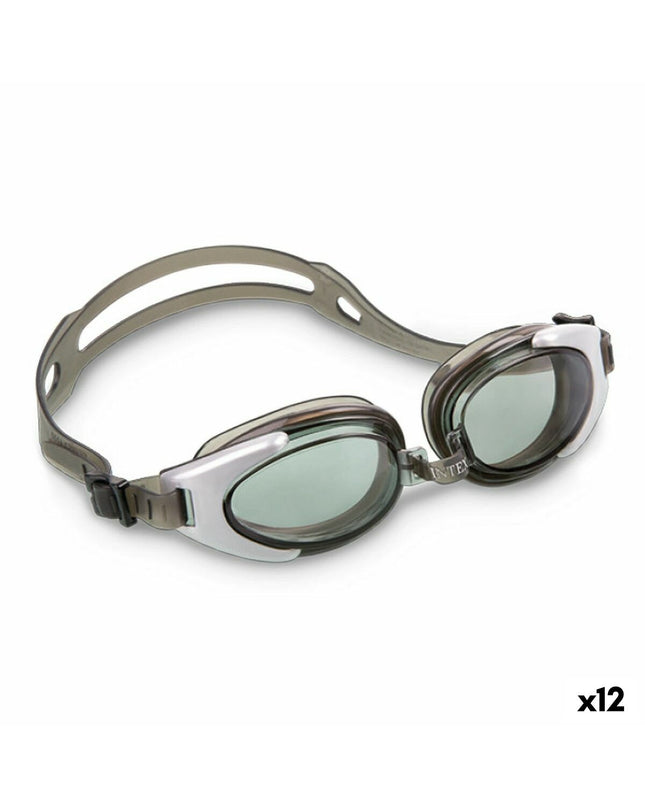 Set of 12 Intex children's swim goggles for watersports and outdoor activities, featuring colorful, adjustable straps.
