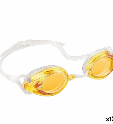 Set of 12 Intex children's swim goggles for water sports and outdoor activities, featuring adjustable straps and clear lenses.