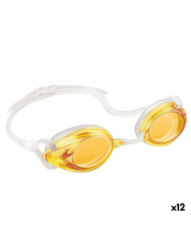 Set of 12 Intex children's swim goggles for water sports and outdoor activities, featuring adjustable straps and clear lenses.